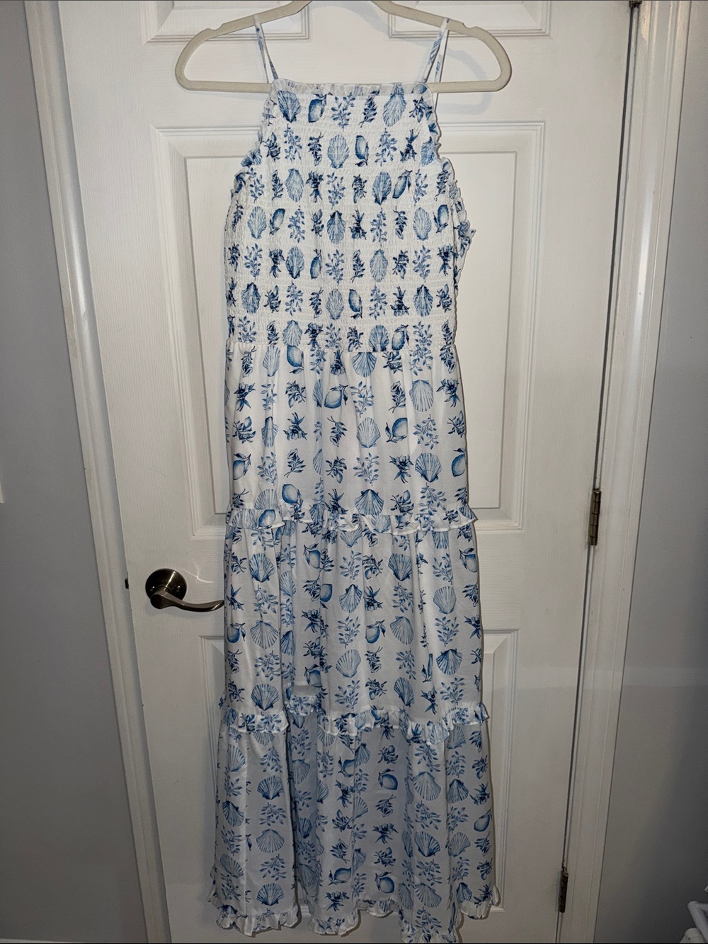 Ann Taylor White Maxi Dress with Blue Shell Print